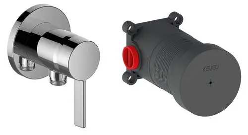 Chromierter Wand-Wasserhahn von Keuco mit zwei Anschlüssen und einem seitlichen Hebel, daneben die passende Unterputz-Installationseinheit für den Schlauchanschluss.